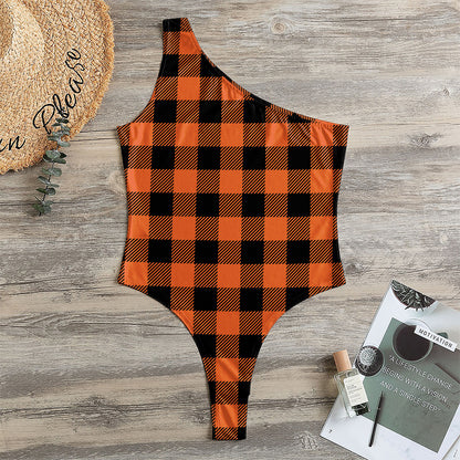 Pumpkin Orange Buffalo Check Print One Shoulder Bodysuit