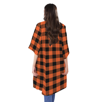 Pumpkin Orange Buffalo Check Print Open Front Beach Cover Up