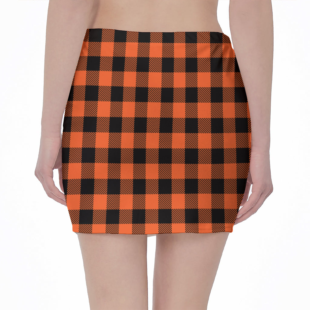 Pumpkin Orange Buffalo Check Print Pencil Mini Skirt