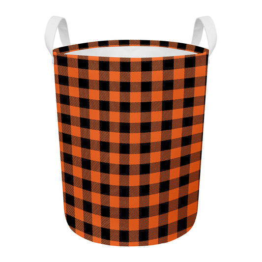 Pumpkin Orange Buffalo Check Print Round Laundry Basket