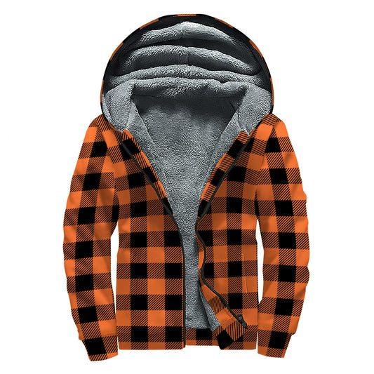 Pumpkin Orange Buffalo Check Print Sherpa Lined Zip Up Hoodie