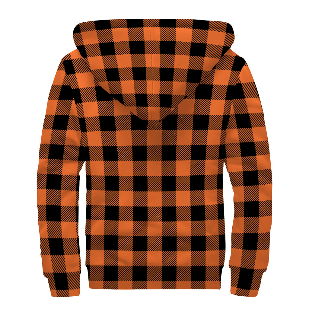 Pumpkin Orange Buffalo Check Print Sherpa Lined Zip Up Hoodie
