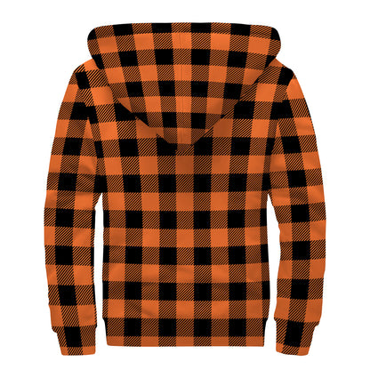 Pumpkin Orange Buffalo Check Print Sherpa Lined Zip Up Hoodie