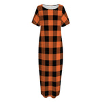 Pumpkin Orange Buffalo Check Print Short Sleeve Long Nightdress