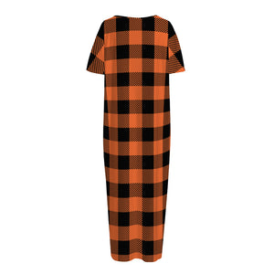 Pumpkin Orange Buffalo Check Print Short Sleeve Long Nightdress