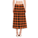 Pumpkin Orange Buffalo Check Print Side Slit Midi Skirt