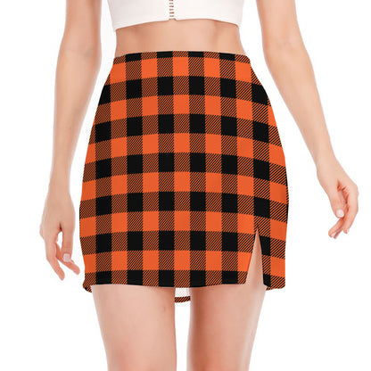 Pumpkin Orange Buffalo Check Print Side Slit Mini Skirt