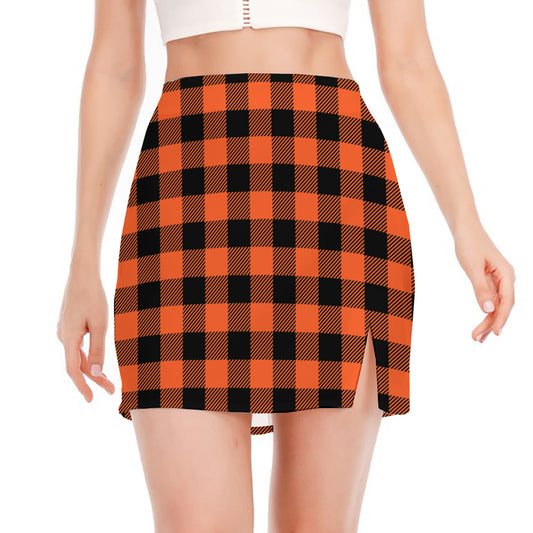 Pumpkin Orange Buffalo Check Print Side Slit Mini Skirt