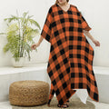 Pumpkin Orange Buffalo Check Print Silk V-Neck Kaftan Dress