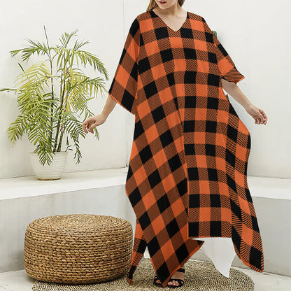 Pumpkin Orange Buffalo Check Print Silk V-Neck Kaftan Dress