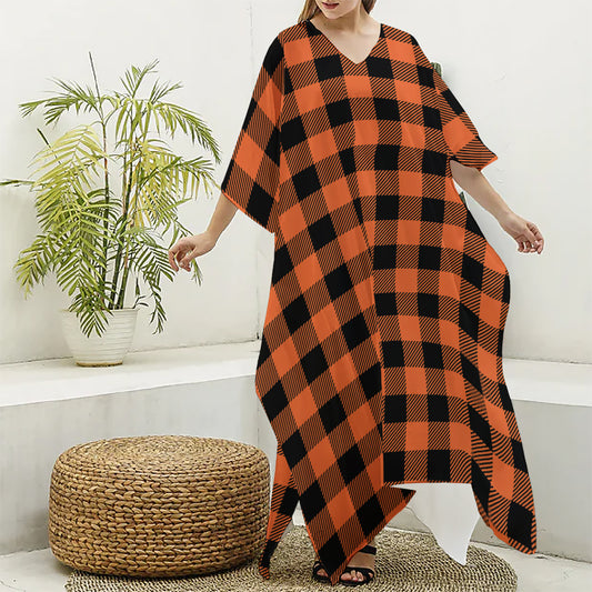 Pumpkin Orange Buffalo Check Print Silk V-Neck Kaftan Dress