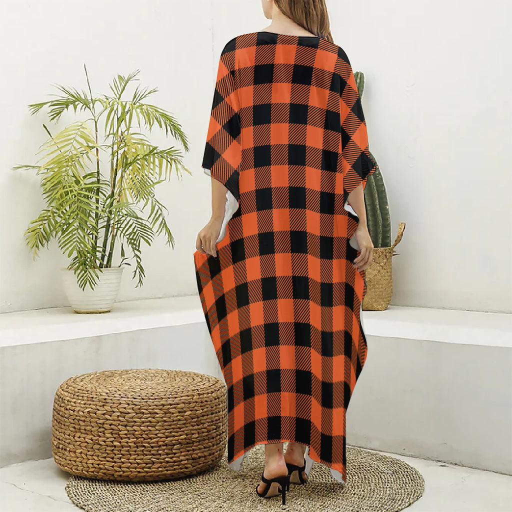 Pumpkin Orange Buffalo Check Print Silk V-Neck Kaftan Dress