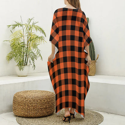 Pumpkin Orange Buffalo Check Print Silk V-Neck Kaftan Dress