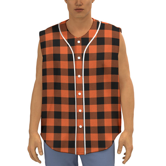 Pumpkin Orange Buffalo Check Print Sleeveless Baseball Jersey