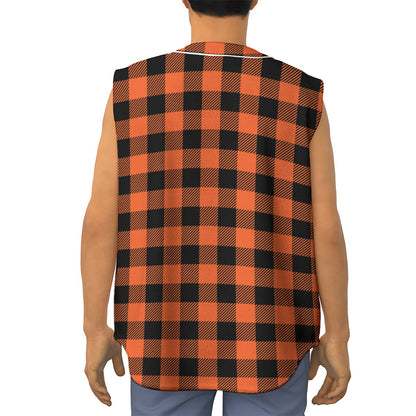 Pumpkin Orange Buffalo Check Print Sleeveless Baseball Jersey