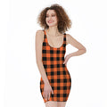 Pumpkin Orange Buffalo Check Print Sleeveless Bodycon Dress