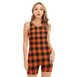 Pumpkin Orange Buffalo Check Print Sleeveless One Piece Swimsuit
