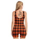 Pumpkin Orange Buffalo Check Print Sleeveless One Piece Swimsuit