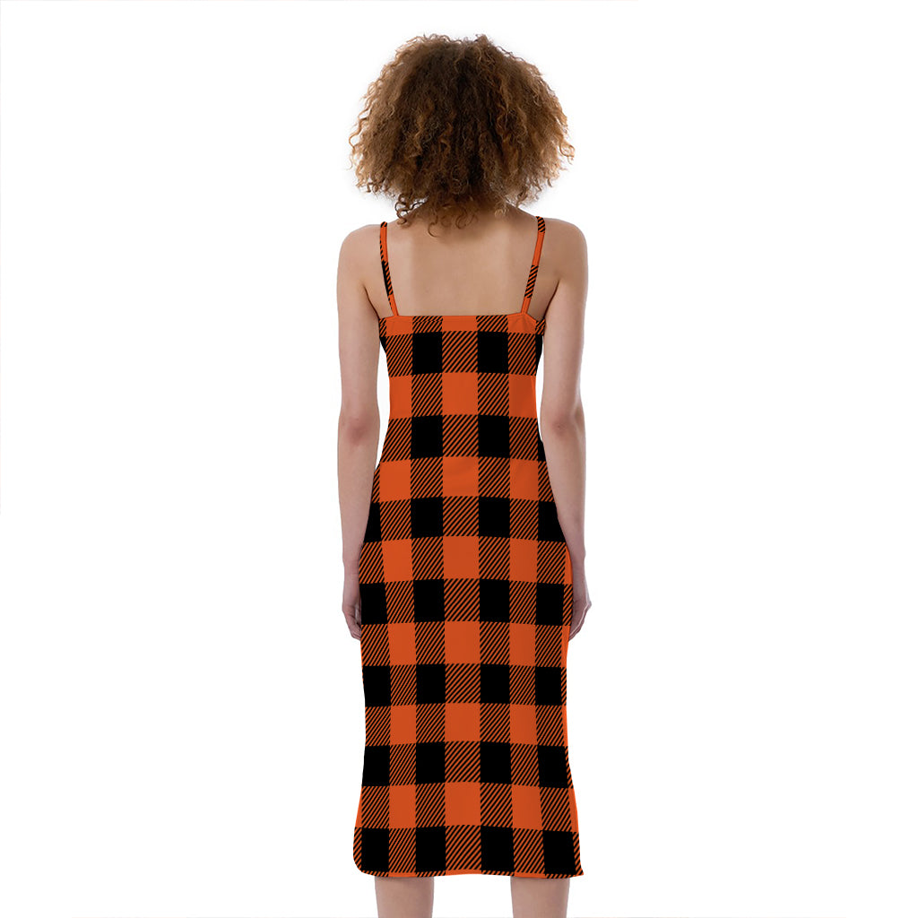 Pumpkin Orange Buffalo Check Print Slim Fit Midi Cami Dress