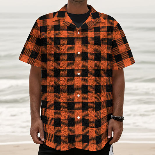 Pumpkin Orange Buffalo Check Print Textured Short Sleeve Shirt