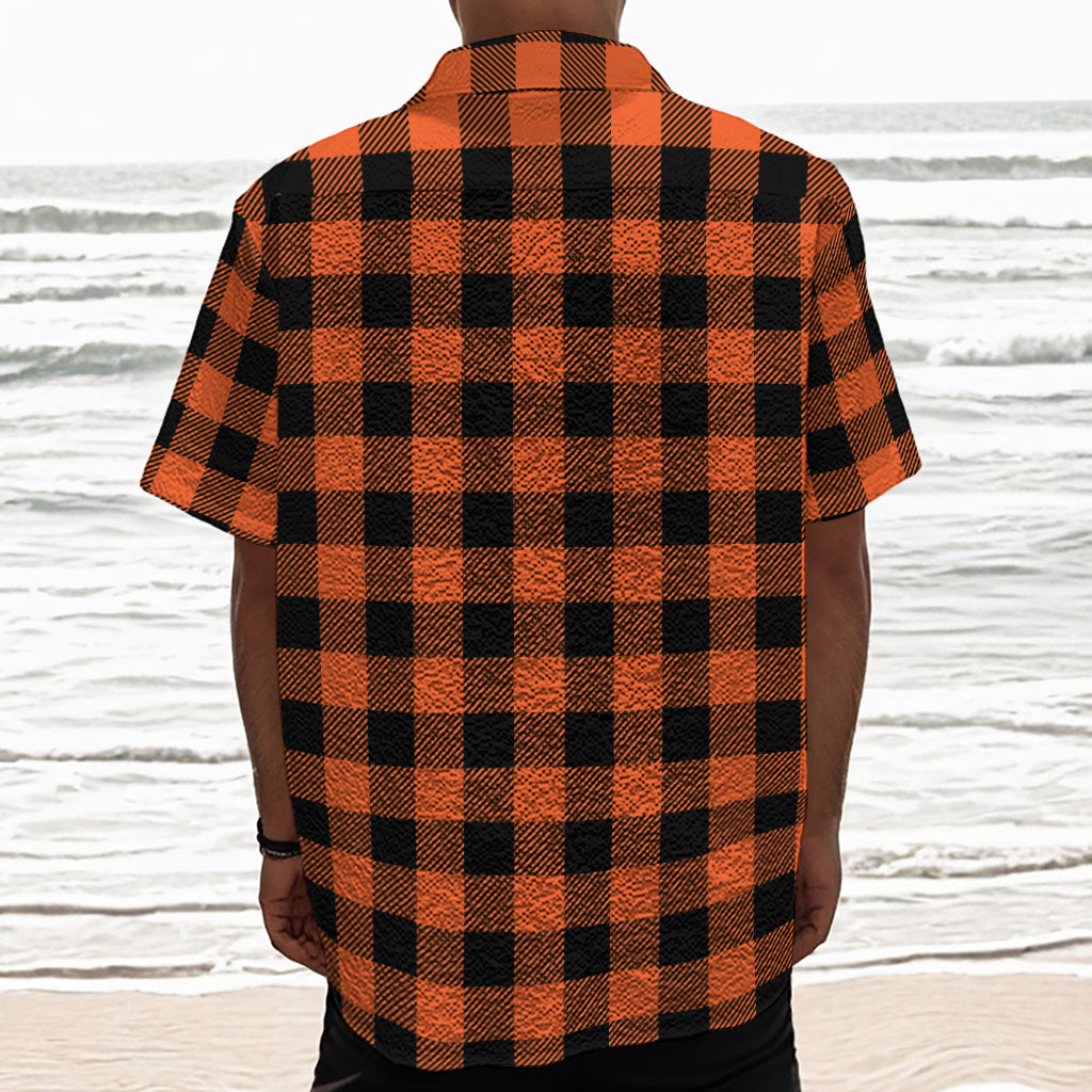 Pumpkin Orange Buffalo Check Print Textured Short Sleeve Shirt