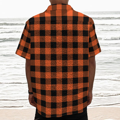 Pumpkin Orange Buffalo Check Print Textured Short Sleeve Shirt