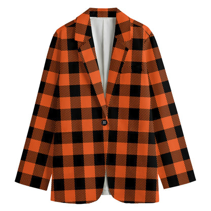 Pumpkin Orange Buffalo Check Print Women's Blazer