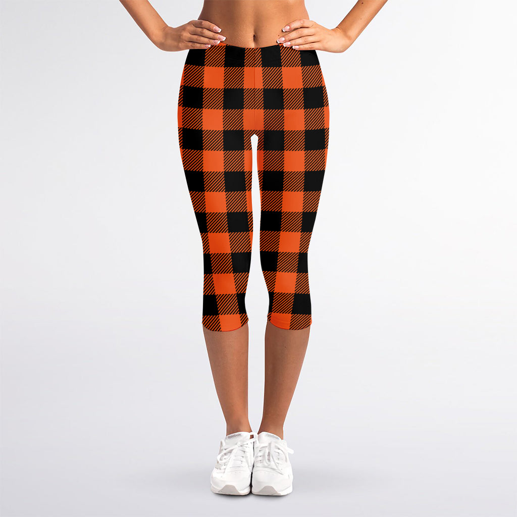 Pumpkin Orange Buffalo Check Print Women's Capri Leggings