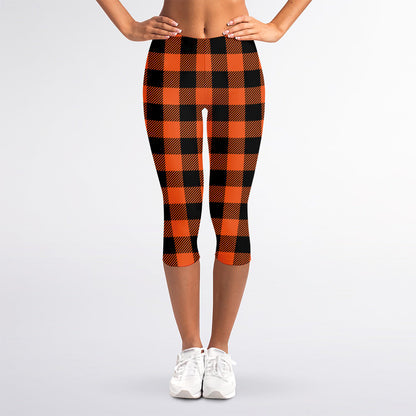 Pumpkin Orange Buffalo Check Print Women's Capri Leggings