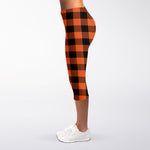 Pumpkin Orange Buffalo Check Print Women's Capri Leggings