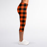 Pumpkin Orange Buffalo Check Print Women's Capri Leggings