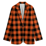 Pumpkin Orange Buffalo Check Print Women's Cotton Blazer