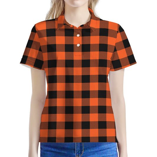 Pumpkin Orange Buffalo Check Print Women's Polo Shirt