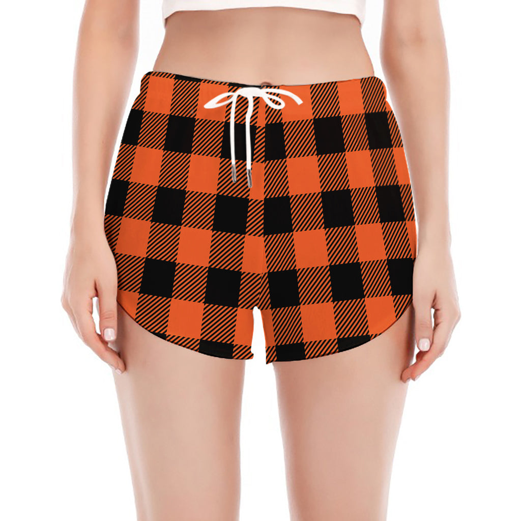 Pumpkin Orange Buffalo Check Print Women's Split Running Shorts