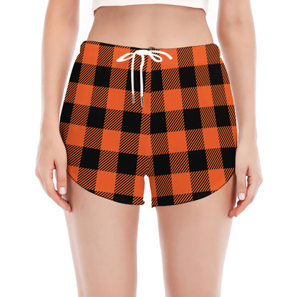 Pumpkin Orange Buffalo Check Print Women's Split Running Shorts