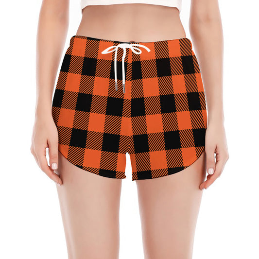 Pumpkin Orange Buffalo Check Print Women's Split Running Shorts