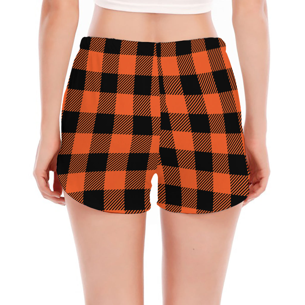 Pumpkin Orange Buffalo Check Print Women's Split Running Shorts