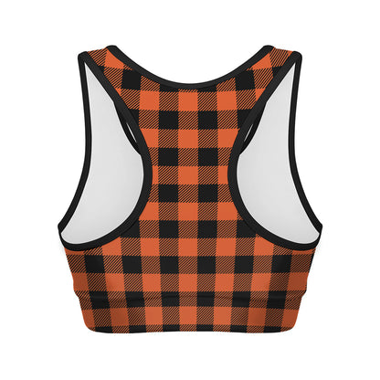 Pumpkin Orange Buffalo Check Print Women's Sports Bra