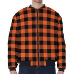 Pumpkin Orange Buffalo Check Print Zip Sleeve Bomber Jacket
