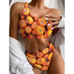 Pumpkin Print One Shoulder Bikini Top