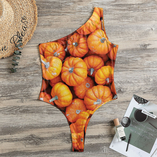 Pumpkin Print One Shoulder Bodysuit