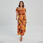 Pumpkin Print Short Sleeve Maxi Dress