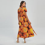 Pumpkin Print Short Sleeve Maxi Dress