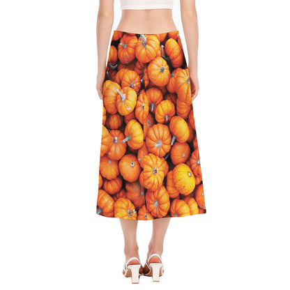 Pumpkin Print Side Slit Midi Skirt