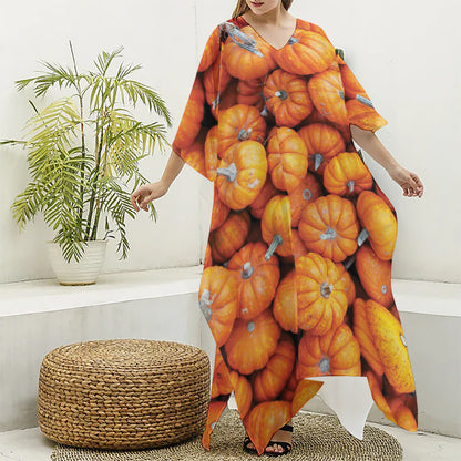 Pumpkin Print Silk V-Neck Kaftan Dress
