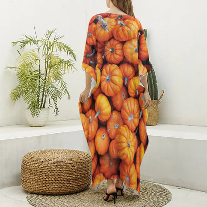Pumpkin Print Silk V-Neck Kaftan Dress