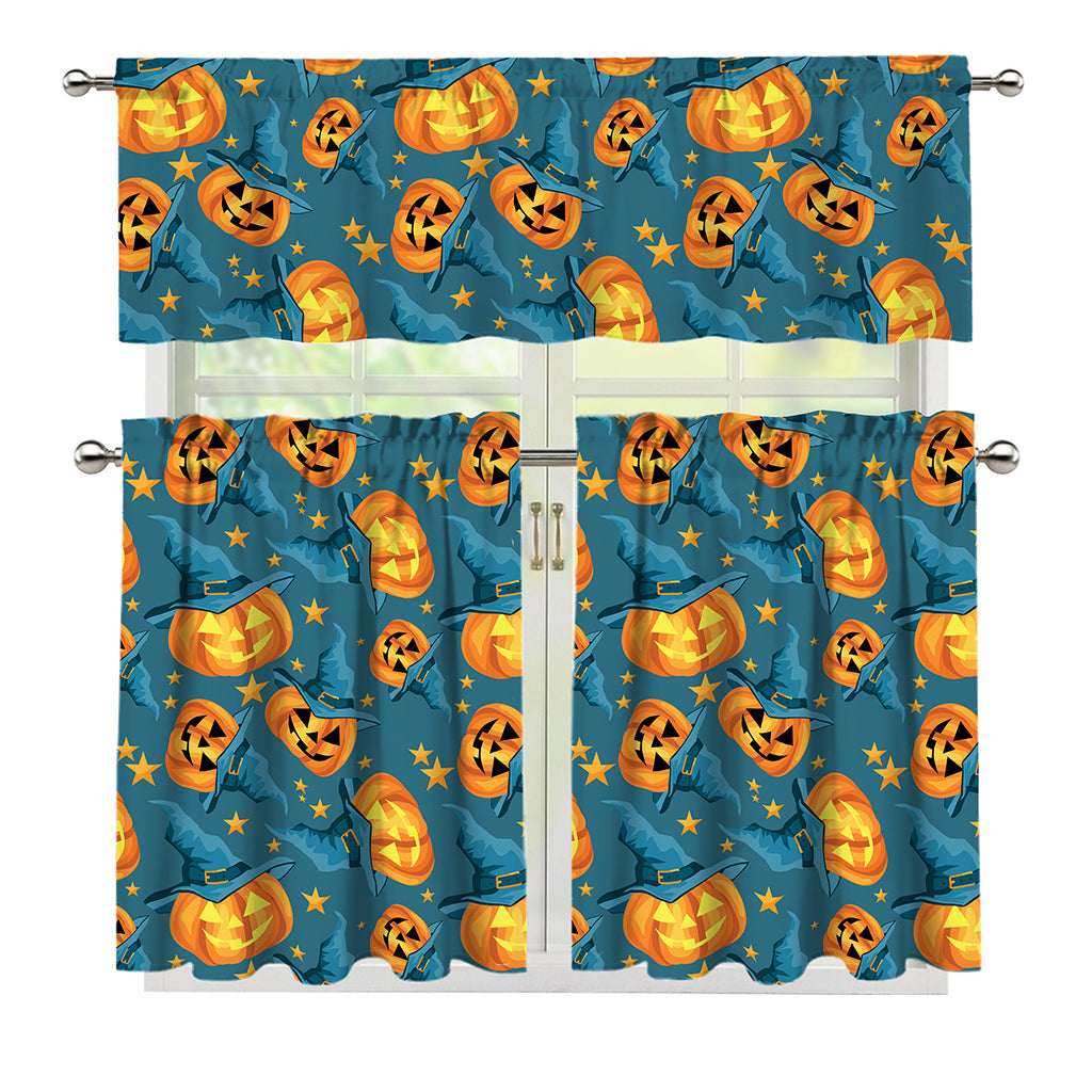 Pumpkin With Witch Hat Pattern Print 3 Piece Kitchen Curtains