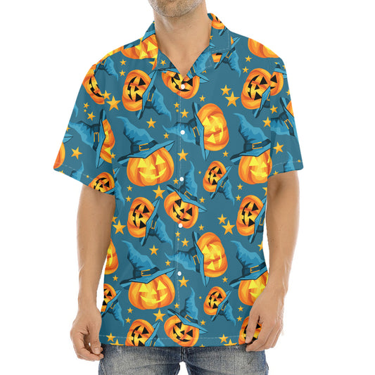 Pumpkin With Witch Hat Pattern Print Aloha Shirt