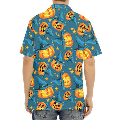 Pumpkin With Witch Hat Pattern Print Aloha Shirt