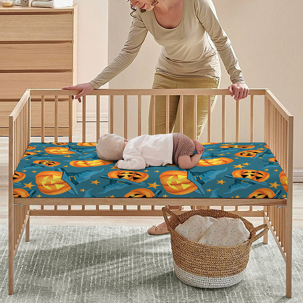 Pumpkin With Witch Hat Pattern Print Baby Crib Sheet